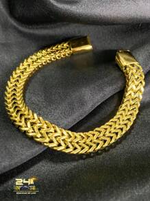 PULSEIRA MASCULINA GROSSA MODELO CUBANA BANHADA A OURO - Dourado - Visão 3