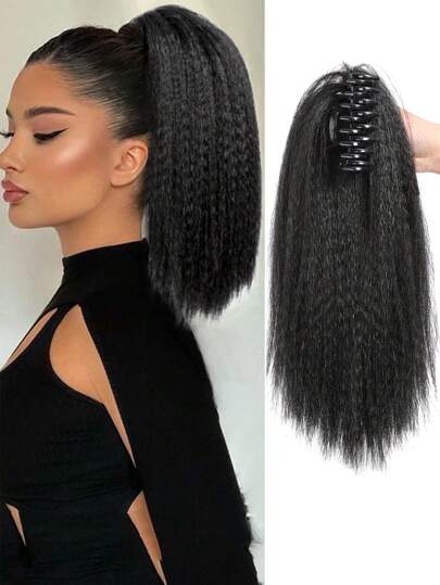 长马尾接发 Yaki 直发假发马尾辫黑色金色合成发爪夹假发