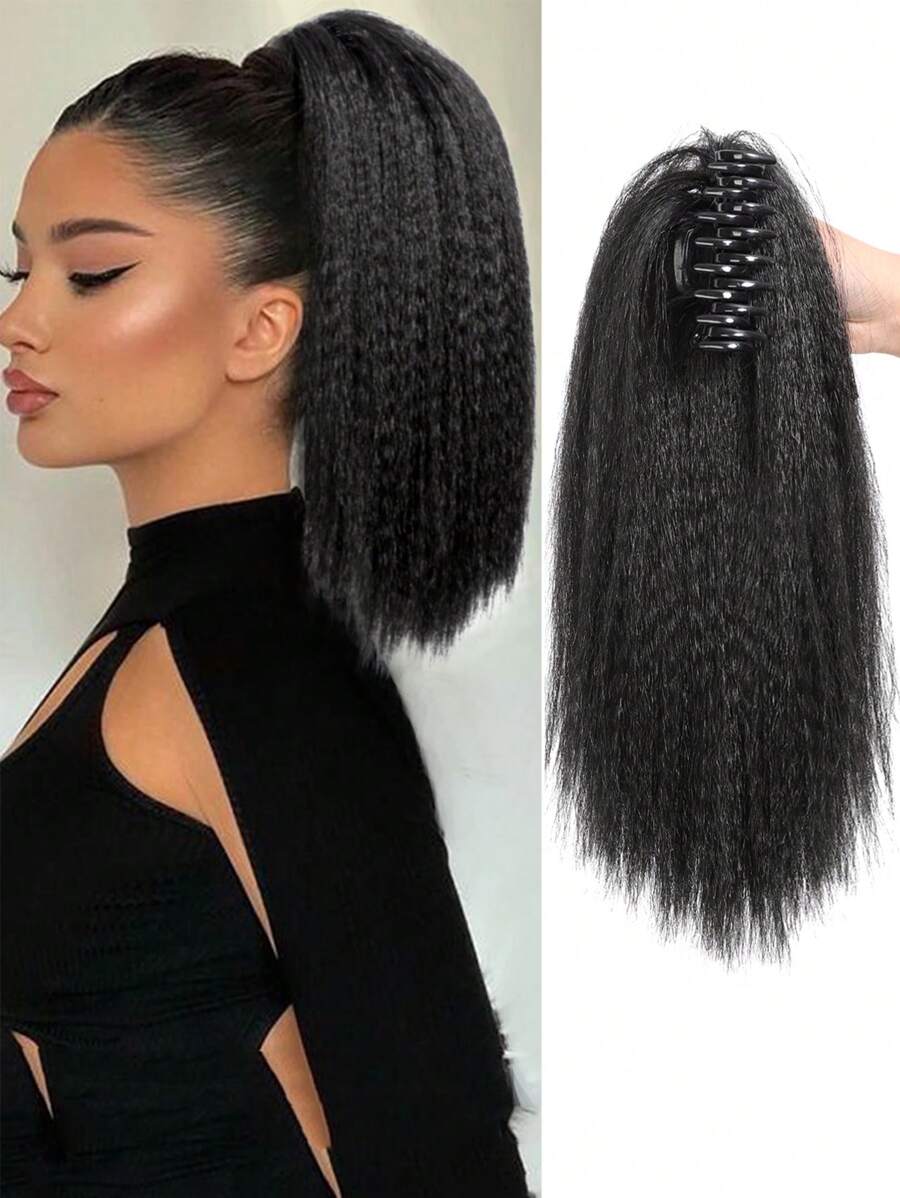 长马尾接发 Yaki 直发假发马尾辫黑色金色合成发爪夹假发 - 黑色 - 查看 1