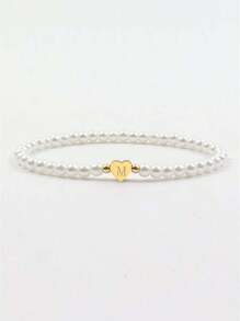 1pc A-Z 26 Letters & Heart Beaded Simple Bracelet - White - View 4