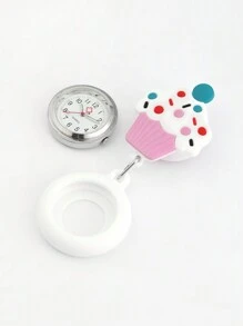 1 buc ceas de asistentă imprimat cu desene animate cu înghețată, cu curea decorativă, cataramă, capac din silicon, marcaje clare cu cadran, mâini luminoase și funcție ușor de transportat