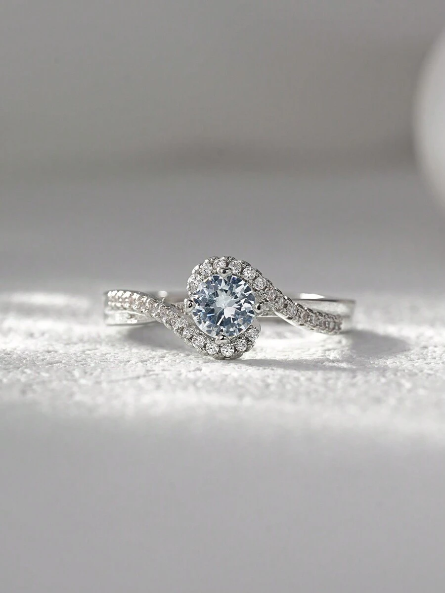 1pc Bypass CZ Engagement Ring, Cubic Zirconia ( Rhinestone ) Adjustable Rings For Women - White - View 1