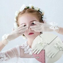 1對兒童結婚公主網眼手套帶蝴蝶結,彈性花卉手套適用於花童