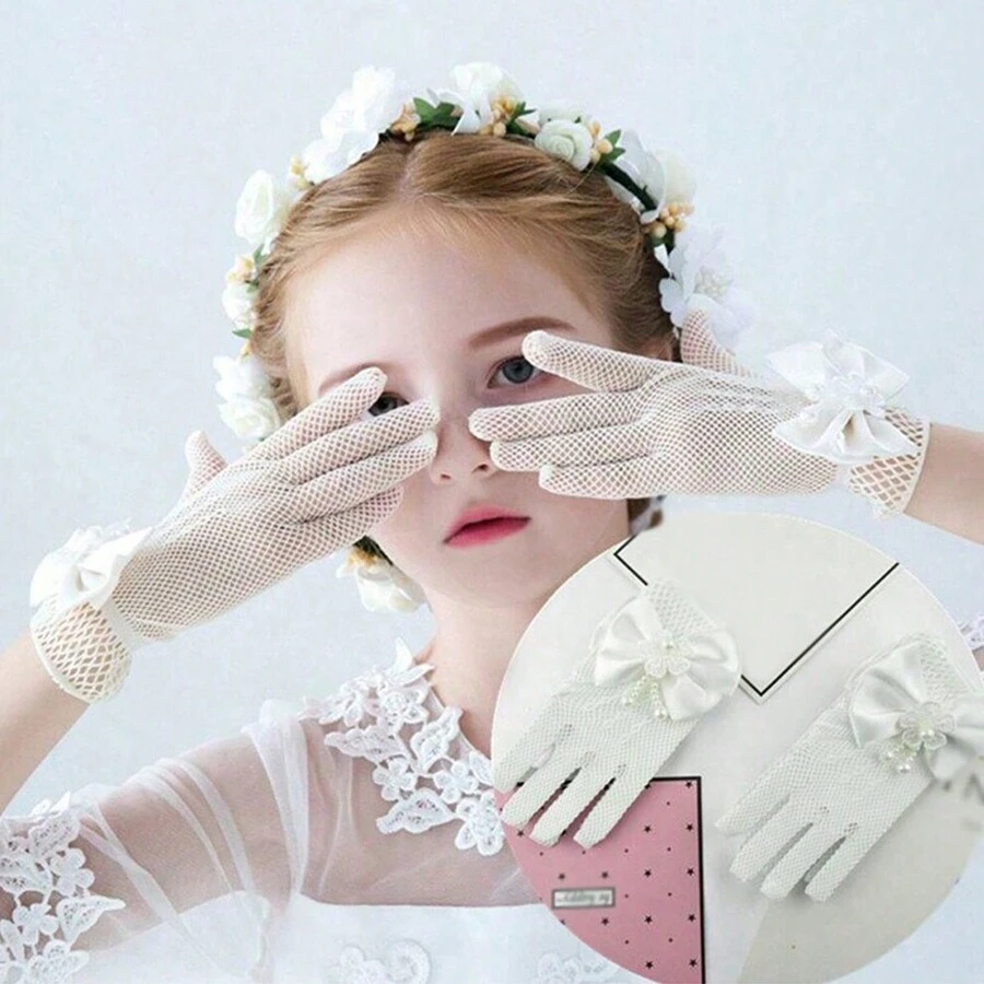 1對兒童結婚公主網眼手套帶蝴蝶結,彈性花卉手套適用於花童