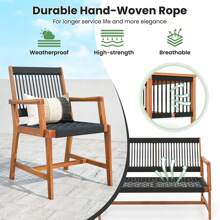 Patio 4pcs Acacia Wood Conversation Table & Chair Set Hand-Woven Rope Outdoor - 黑色 - 查看 7