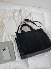 時尚個性化字母圖案大容量女式pu手提包,多功能通勤斜挎包 - 黑色 - 查看 8