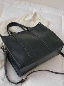 時尚個性化字母圖案大容量女式pu手提包,多功能通勤斜挎包 - 黑色 - 查看 5