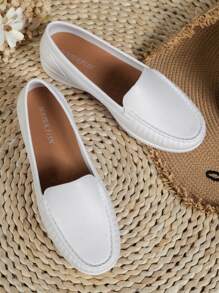 New European And American Style Women's Slip-On Loafers, Flat White Shoes - White - View 5