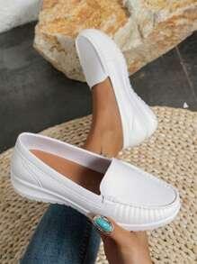 New European And American Style Women's Slip-On Loafers, Flat White Shoes - White - View 1