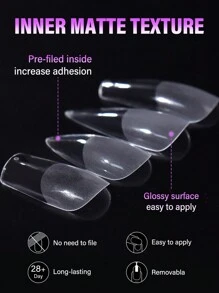 96 件/盒 穿戴式假指甲,有 4 種指甲形狀：半霧面、隱形、加長、全覆蓋,長方形、杏仁形、水滴形、芭蕾形。即時,無需剪切或歸檔。 - 無色 - 查看 4