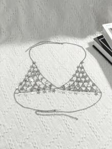 1入流光星形亮片＆彩虹鑲嵌流蘇裝飾身鏈,適合女性穿著在節日、夜店派對或裙裝上,非常華麗 - 銀色 - 查看 3