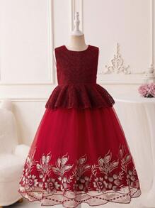 Tween Girl Red Embroidered Mesh Dress Suit With Jacket, New Year Outfit - Burgundy - View 3