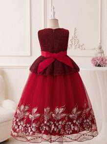 Tween Girl Red Embroidered Mesh Dress Suit With Jacket, New Year Outfit - Burgundy - View 4