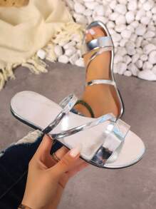 女款輕量家居戶外平底鞋,銀色鏡面平底涼鞋夏季必備 - 銀色 - 查看 1