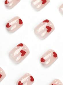 24pcs Y2K Nude Pink Short Square False Nails, Red Heart & White Polka Dot Design, Full Cover Fake Nail Set, Includes 1 Nail File & 1 Nail Glue Sticker, Suitable As Manicure Gift For Girls & Moms, Also Suitable For Wholesale Nail Supplies, Can Be Worn For Holidays, Parties, Dates And Daily Use. - Pink - View 4