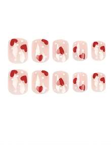 24pcs Y2K Nude Pink Short Square False Nails, Red Heart & White Polka Dot Design, Full Cover Fake Nail Set, Includes 1 Nail File & 1 Nail Glue Sticker, Suitable As Manicure Gift For Girls & Moms, Also Suitable For Wholesale Nail Supplies, Can Be Worn For Holidays, Parties, Dates And Daily Use. - Pink - View 5