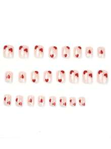 24pcs Y2K Nude Pink Short Square False Nails, Red Heart & White Polka Dot Design, Full Cover Fake Nail Set, Includes 1 Nail File & 1 Nail Glue Sticker, Suitable As Manicure Gift For Girls & Moms, Also Suitable For Wholesale Nail Supplies, Can Be Worn For Holidays, Parties, Dates And Daily Use. - Pink - View 3