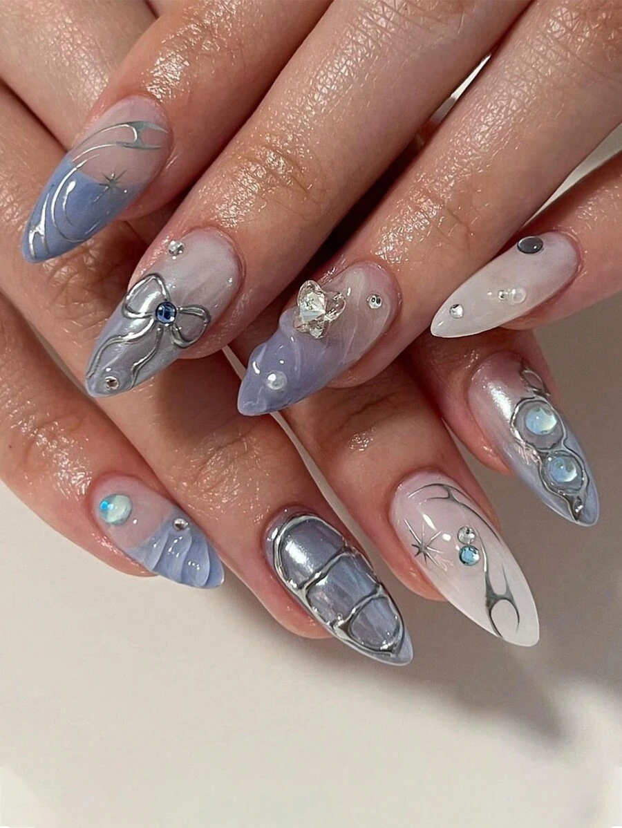 24pcs/Kit Silver Bowknot & Rhinestone Decor False Nails With Almond Shape For Nail Art Press On Nails Nail Supplies - Multicolor - View 1