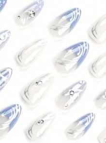 24pcs/Kit Silver Bowknot & Rhinestone Decor False Nails With Almond Shape For Nail Art Press On Nails Nail Supplies - Multicolor - View 3