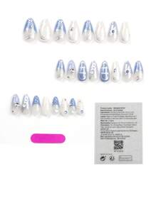 24pcs/Kit Silver Bowknot & Rhinestone Decor False Nails With Almond Shape For Nail Art Press On Nails Nail Supplies - Multicolor - View 2