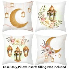 Set Of 4 Moon & Lantern Watercolor Floral Pattern Printed Short Plush Pillowcase Without Stuffing - Blue - View 1