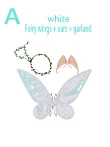 Set de 3 piezas de alas de mariposa de hada + orejas de hada + corona, adecuado para uso diario, festivales, escenario, disfraz - Set de alas de organza verde y blanca para Halloween, baile de graduación