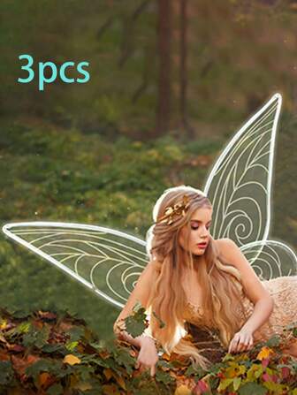 3pcs Fairy Butterfly Wings + Fairy Ears + Wreath 3-Piece Set, Suitable For Daily Festival Stage Role Play Set Green + White Organza Wing Set Halloween Prom