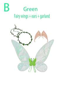 Set de 3 piezas de alas de mariposa de hada + orejas de hada + corona, adecuado para uso diario, festivales, escenario, disfraz - Set de alas de organza verde y blanca para Halloween, baile de graduación