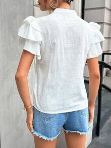 Blusa Blanca De Manga Corta Con Volantes Elegante Para Mujer - Blanco - Ver 4