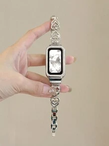 1 pièce Bracelet de montre à double forme de cœur avec strass, boîtier de protection métallique, accessoire 2 en 1. Convient pour les modèles de bandes 9/8/7/6, style d' unisexe, compatible NFC avec Band 10