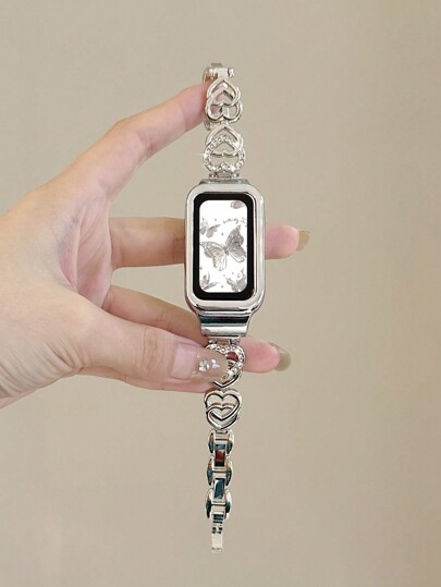 1pc Dual Heart-Shaped Rhinestone Watch Band Metal Strap Protective Shell 2-In-1 Accessory Suitable For Band 9/8/7/6, Business Style Unisex, NFC Compatible With Huawei Band 10