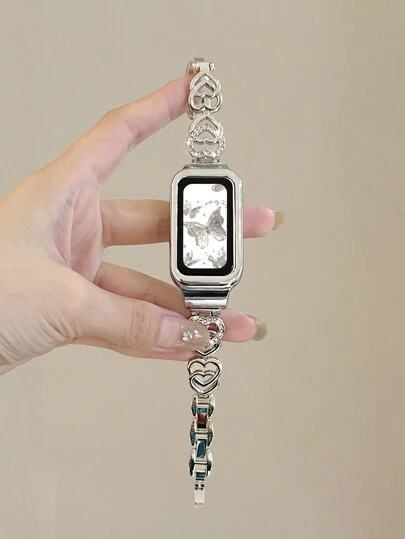 1 件双心形水钻表带金属表带保护壳二合一配件适用于表带 9/8/7/6，商务风格男女通用，NFC 兼容华为表带 10