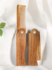 1pc Natural Green Sandalwood Folding Comb For Women Men Hair Beard Grooming, Multifunctional Portable Comb - Brown - View 7