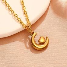 1入不鏽鋼珠寶新月和心形吊墜項鍊,真空電鍍和耐色性 - 銀色 - 查看 4