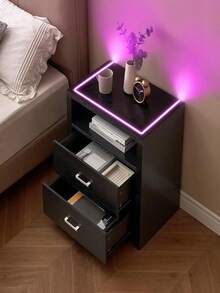 Nightstand With LED Lights,Night Stand / Bedside Table With 2 Drawers And Open Storage,Modern End Side Table For Bedroom - Black - View 4