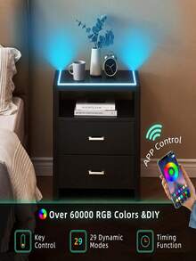 Nightstand With LED Lights,Night Stand / Bedside Table With 2 Drawers And Open Storage,Modern End Side Table For Bedroom - Black - View 3