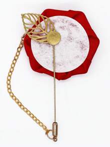 1pc Groom's Satin Lapel Pin With Chain, Golden Leaf & Rose Design For Men's Suit, Suit Decoration For Groomsman, Best Man, Dancing Party, Banquet Valentine's Day Valentines