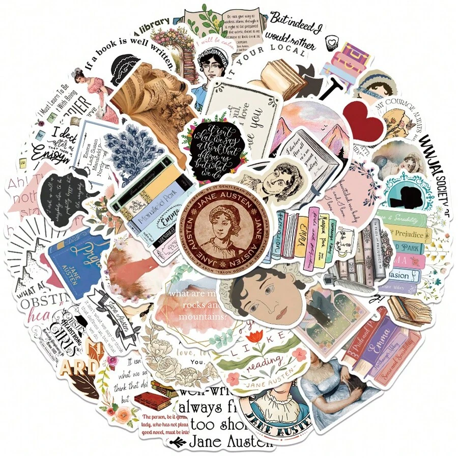 50張珍·奧斯汀主題貼紙珍·奧斯汀禮物珍·奧斯汀商品珍·奧斯汀裝飾珍·奧斯汀海報,美學廣告貼紙級防水貼紙,適用於水瓶、電腦、筆記型電腦、手機、行李箱、筆記本等