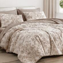 Wonderful Floral Comforter Set, 7 Piece Cotton Comforter Bedding Sets Lightweight Flower Pattern Printing Bed Sets Bed In A Bag With 1 Comforter, 1 Fitted Sheet, 1 Flat Sheet, 2 Shams, 2 Accent Pillow - Taupe and White - View 2