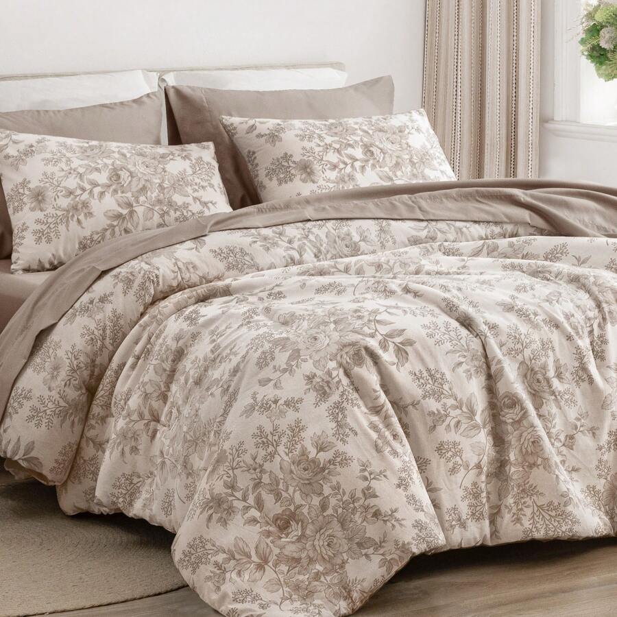 Wonderful Floral Comforter Set, 7 Piece Cotton Comforter Bedding Sets Lightweight Flower Pattern Printing Bed Sets Bed In A Bag With 1 Comforter, 1 Fitted Sheet, 1 Flat Sheet, 2 Shams, 2 Accent Pillow