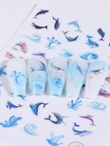 2入組藍色海洋動物美甲貼紙3d海豚浪花紫色花美甲貼紙自粘美甲裝飾配件,適用於女孩和女性 - 彩色 - 查看 3