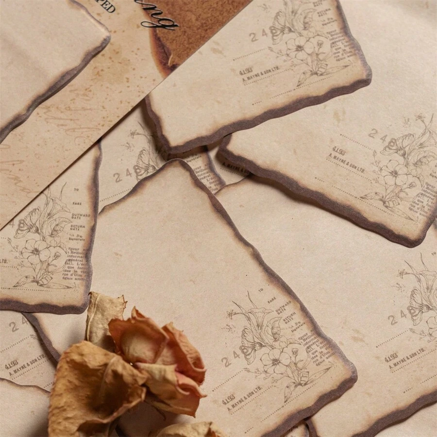 60張復古燃燒風黏貼式記事本,復古植物蝴蝶自黏便條,適用於學校辦公室用品筆記本 - 彩色 - 查看 1