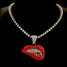 1pc European And American Men's Alloy Full Diamond Red Lips Pendant Necklace, Sexy Big Red Lips Jewelry Chain For Festival Parties - Sexy Lips Pendant Necklace - View 16
