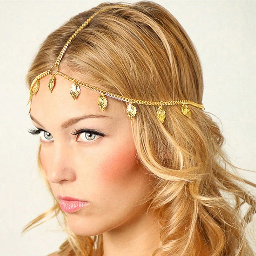 1 Miếng Retro Phong cách đường phố Siêu Lấp lánh Chuỗi Lá hình Dây buộc tóc Phụ kiện tóc - Vàng - Xem 1