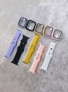2-in-1 Band und Hülle Set, gelbes weiches und bequemes Silikon Sportarmband, ultradünne gehärtete Glas Bildschirmschutzfolie Hülle, kompatibel mit Apple Watch Series Ultra/SE/11/10/9/8/7/6/5/4/3/2/1, kompatibel mit Apple Watch Bändern 38/40/41/42/44/45/46/49mm - Gelb - Übersicht 5