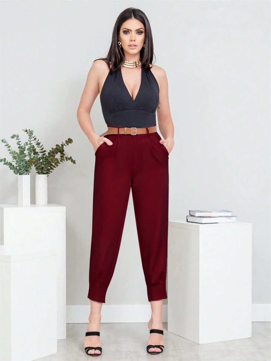 Women Pants - 酒紅色 - 查看 1