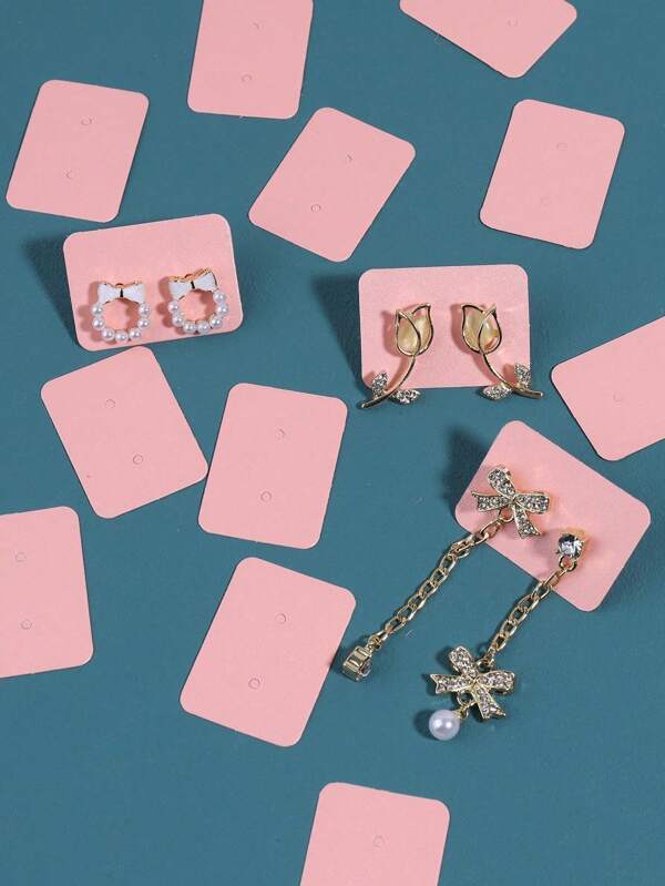 100pcs Faux Pearlescent Light Pink Ear Stud Display Cards Made Of Vintage Portable Leather Home Jewelry Storage Organizer, Gift For Valentine's Day Back To School