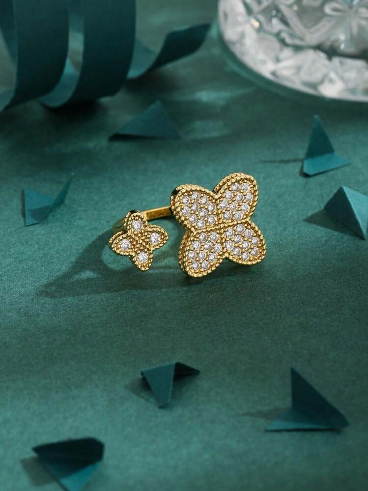 1 件高品质 18K 镀金四叶草 CZ 铜戒指，奢华时尚戒指，送给女性情人节、妈妈、母亲、母亲节、礼物 - 金黃色 - 查看 2