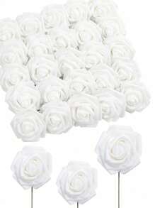 25入組白色仿真泡沫薔薇帶莖diy材料包 - 白色 - 查看 5