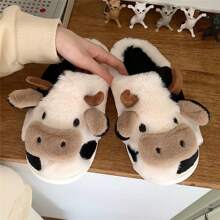 Fuzzy Cute Cow Slippers For Women Winter Warm Cozy Animal Fluffy Kawaii House Slippers Cute Slippers - White - View 6